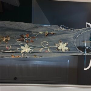 Blue Midi Dress with Floral Embellishments and Elegant Stitching